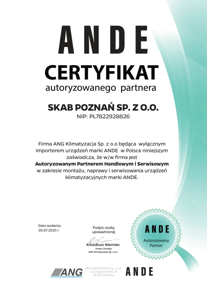 Certyfikat autoryzowanego partnera ANDE dla SKAB POZNAŃ Sp. z o.o.