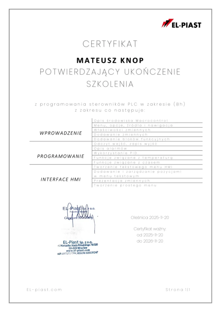 Certyfikat EL-PIAST – szkolenie z programowania sterowników PLC, Mateusz Knop