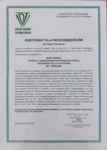 Certyfikat F-gaz dla przedsiębiorców nr FGAZ-P/19/1361/25 wydany przez UDT dla SKAB POZNAŃ Sp. z o.o.