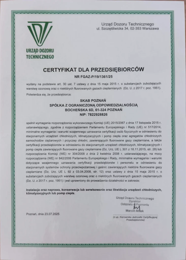 Certyfikat F-gaz dla przedsiębiorców nr FGAZ-P/19/1361/25 wydany przez UDT dla SKAB POZNAŃ Sp. z o.o.