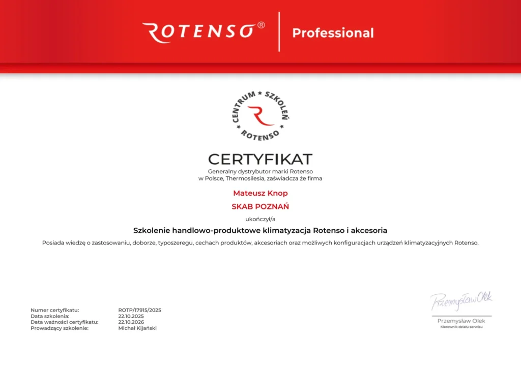 Certyfikat Rotenso nr ROTP/17915/2025 – szkolenie handlowo-produktowe z klimatyzacji, Mateusz Knop