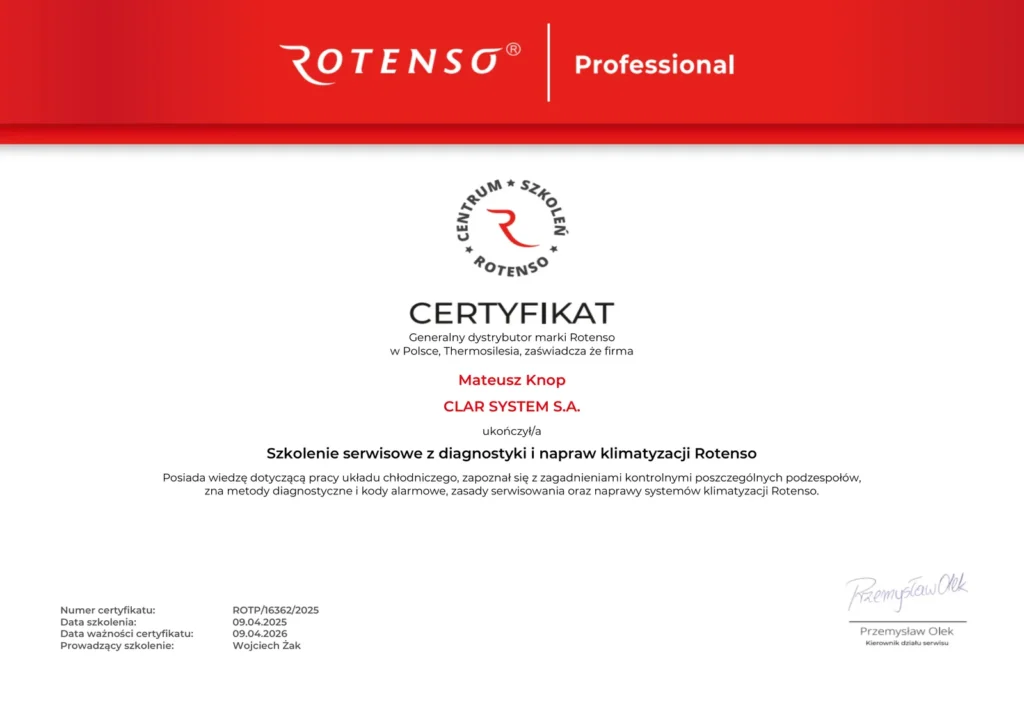 Certyfikat Rotenso nr ROTP/16362/2025 – szkolenie serwisowe z diagnostyki i napraw klimatyzacji, Mateusz Knop
